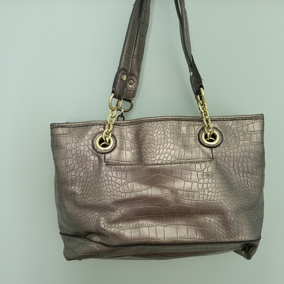 Liz Claiborne Metallic Taupe Gold Faux Alligator Embossed Shoulder Bag Purse - Picture 7 of 16